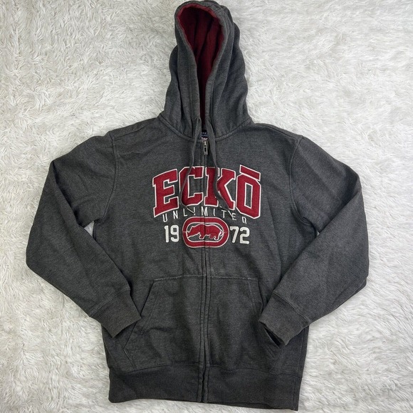 Vintage Y2K Ecko UNLTD Hoodie Mens Size Small Gray/Red Spell Out Rhino Logo 1972 - Picture 1 of 16